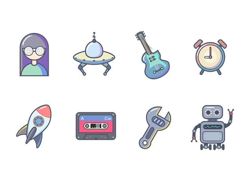 几个图标，卡带，机器人，闹钟，吉他
